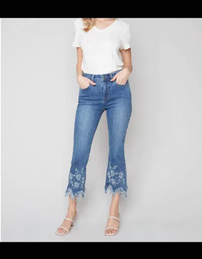 Charlie B Feathered And Embroidered Bootcut Denim Pants In Medium Blue