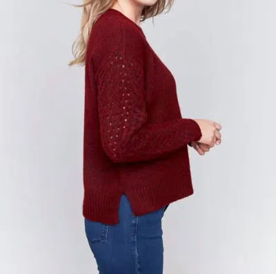 Charlie B Fishnet Sleeve Crew Neck Sweater In Cabernet In Red