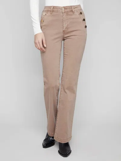 Charlie B Flare Leg Colored Twill Pants With Buttons And Pockets In Truffle In Brown