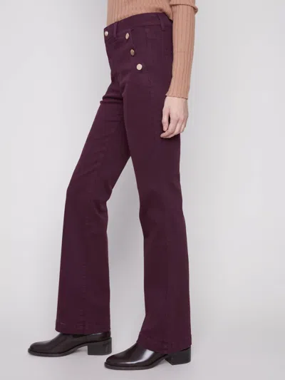 Charlie B Flare Leg Colored Twill Pants With Side Buttons In Berry In Purple