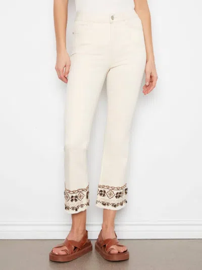 Charlie B Flare Leg Cropped Twill Pants With Embroidery Hem In Natural In Neutral