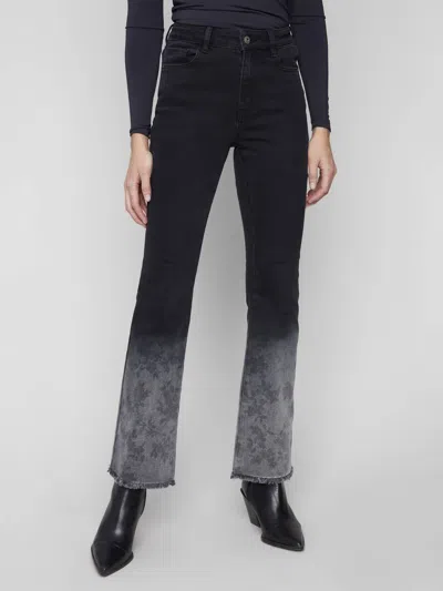 Charlie B Flare Leg Denim Pants With Flower Washblast Hem In Charcoal In Pink