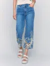 Charlie B Crop Flare Leg Jeans With Laser Cut Lace Hem In Medium Blue In Blue