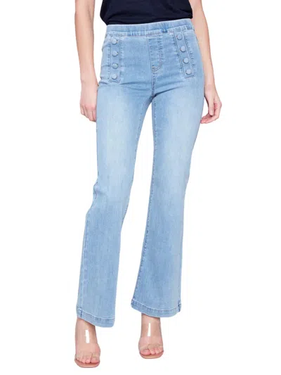 Charlie B Flare Pants With Decorative Buttons In Light Blue
