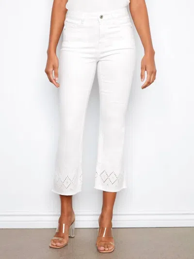 Charlie B Flare Twill Pants With Zigzag Embroidery In White