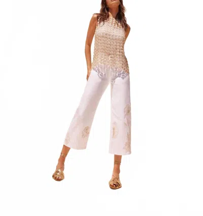 Charlie B Floral Embroidered Cropped Flare Twill Pants In White In Blue