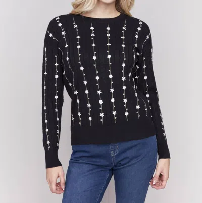 Charlie B Floral Embroidered Plush Crew Neck Sweater In Black