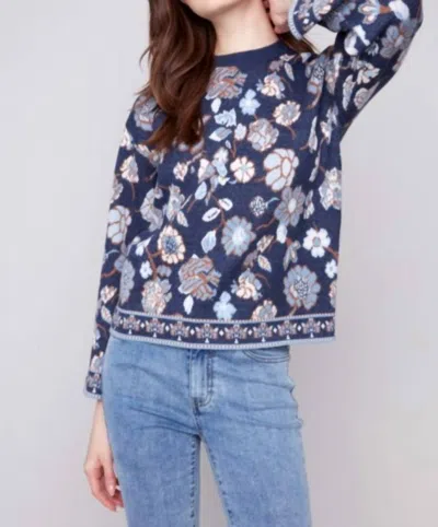 Charlie B Long Sleeves Crew Neck Jacquard Sweater In Floral In Gray