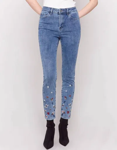 Charlie B Floral Pearl Embroidered Jeans In Medium Blue