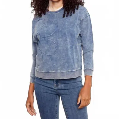 Charlie B Flower Appliqué Long Sleeve Top In Denim In Blue
