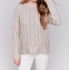 Charlie B Distressed Hem Cable Knit Sweater In Champagne In White