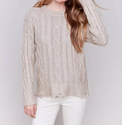 CHARLIE B FOILED CABLE KNIT SWEATER IN CHAMPAGNE