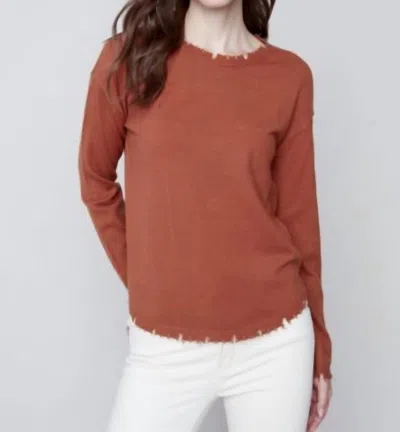 Charlie B Frayed Crew Neck Top In Cinnamon In Brown