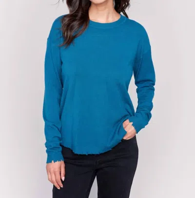 Charlie B Frayed Edge Round Hem Sweater In Peacock In Blue