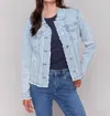 Charlie B Frayed Edge Stretch Denim Jacket In Bleach Blue