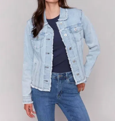 Charlie B Frayed Edge Stretch Denim Jacket In Bleach Blue