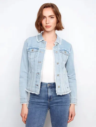 Charlie B Frayed Edge Stretch Denim Jacket In Bleach Blue