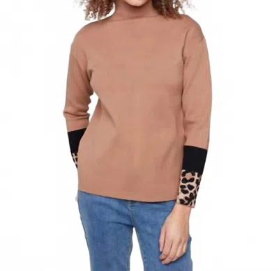 Charlie B Funnel Sweater With Animal Print Sleeve Detail In Truffle In Multi