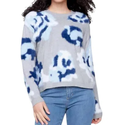CHARLIE B HAIRY YARN FLORAL JACQUARD CREW-NECK DROP-SHOULDER SWEATER IN LIGHT GREY