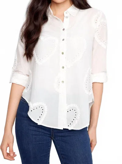 Charlie B Heart Textured Roll Up Button Down Blouse In White In Purple