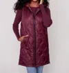 Charlie B Hooded Long Sleeveless Quilted Vest W/ Pockets In Port In Red
