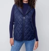 CHARLIE B HOODED SHORT SLEEVLESS QUILTED VEST WITH SIDE BUTTONS IN NAVY