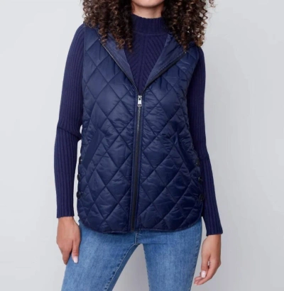 Charlie B Hooded Short Sleevless Quilted Vest With Side Buttons In Navy In Blue