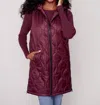 Charlie B Hooded Sleeveless Quilted Long Vest In Wine In Burgundy