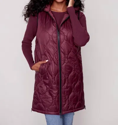 Charlie B Hooded Sleeveless Quilted Long Vest In Wine In Burgundy