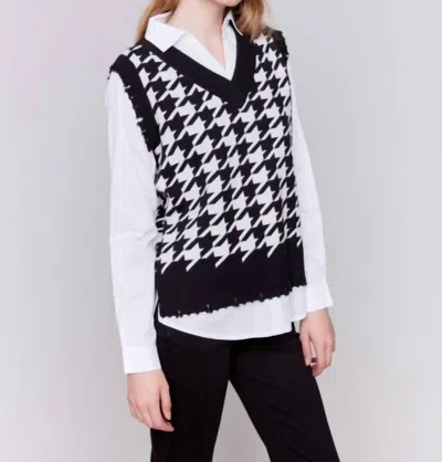 Charlie B Houndstooth Fuller Vest Poplin Collared Shirt In Black White