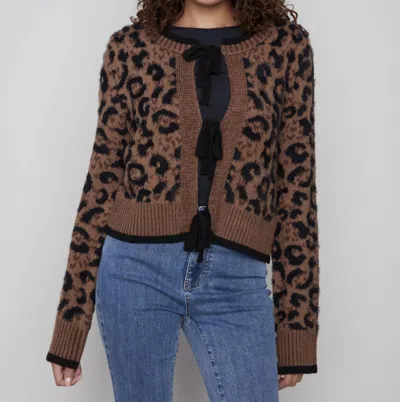 Charlie B Jacquard Bow Tie Front Cardigan In Leopard In Multi