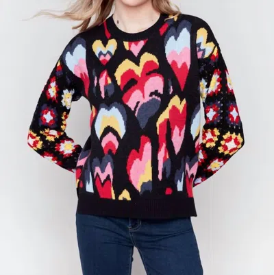 Charlie B Jacquard Layered Hearts Crew Neck Sweater In Black In Multi