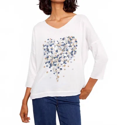 Charlie B Jersey V-neck 3/4 Sleeve Printed Top In Hearts In White