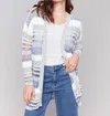 Charlie B Knee Length Striped Crochet Open Cardigan In Denim In Multi