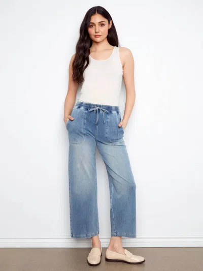 Charlie B Knit Denim Wide Leg Jogger Pants In Medium Blue