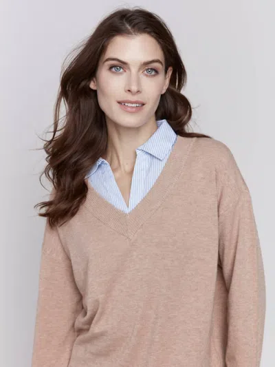 Charlie B Knit Fooler Sweater With Banker Stripe Shirt Hem In Caramel In Neutral