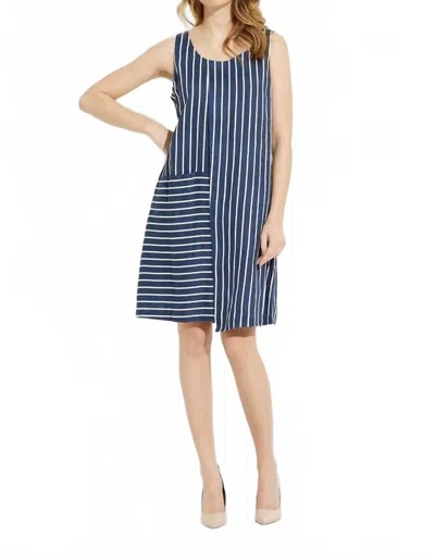 Charlie B Linen Asymmetrical Stripe Dress With Front Pocket In Marine/navy In Blue