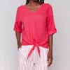 Charlie B Linen Blend 3/4 Sleeve Top With Front Tie In Paradise