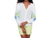 Charlie B Linen Blend Button Front Embroidered Blouse In Anise In White