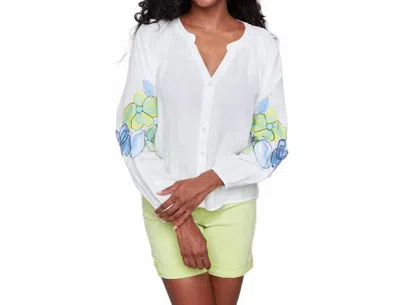 CHARLIE B LINEN BLEND BUTTON FRONT EMBROIDERED BLOUSE IN ANISE