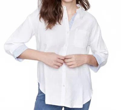 CHARLIE B LINEN BLEND DROP SHOULDER WITH STRIPED CUFFS IN WHITE