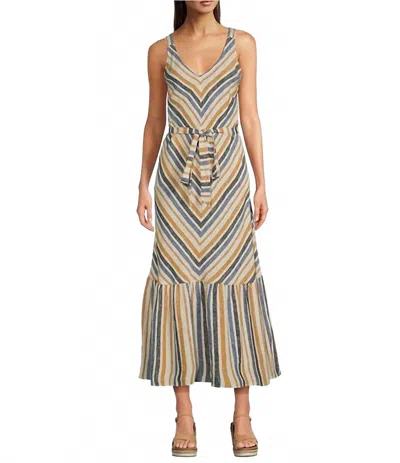 Charlie B Linen Blend Stripe Print V-neck Sleeveless Maxi A-line Dress In Blue Multi