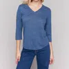 Charlie B Quarter Sleeve Linen Blend Top With Neck Trim In Blue In Blue