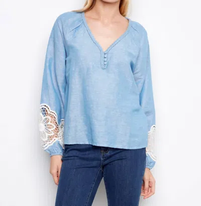 Charlie B Linen Blend V-neck Long Sleeve Blouse In Chambray In Blue