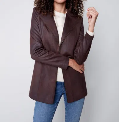 Charlie B Long Faux Suede Jacket With Zipper In Chocolate In Burgundy