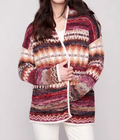 Charlie B Long Jacquard Cardigan With Patch Pockets In Jewel In Multi