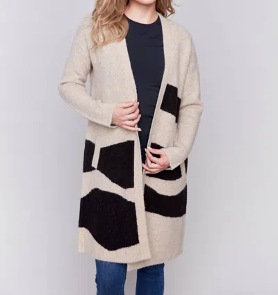 Charlie B Long Knit Cardigan In Beige/black In Multi
