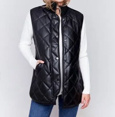 Charlie B Long Quilted Faux Leather Vest In Black
