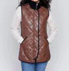 Charlie B Long Quilted Vest In Brandy Cognac