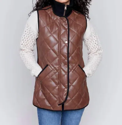 Charlie B Long Quilted Vest In Brandy Cognac